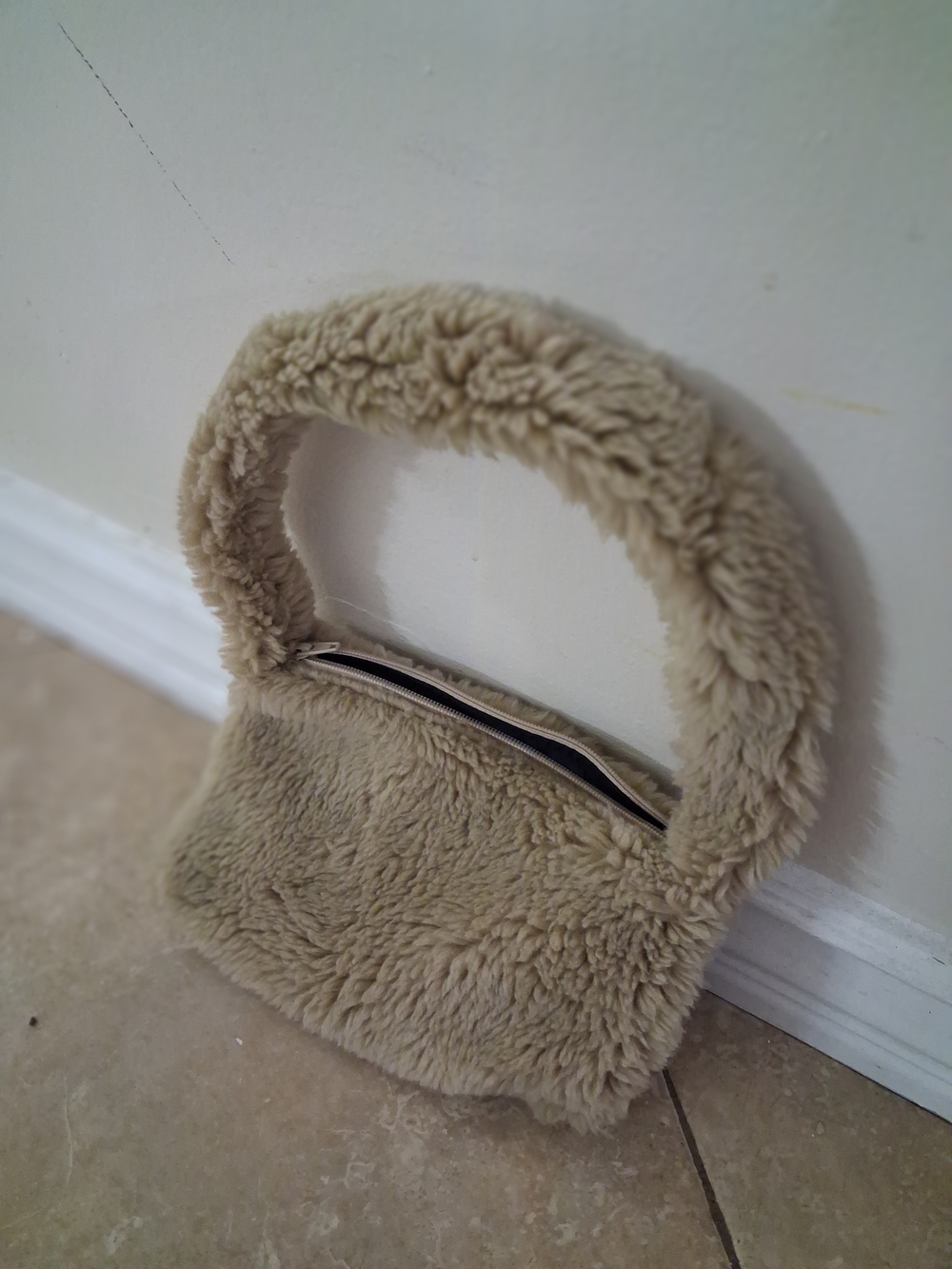 Los Angeles Apparel Plush Faux-Shearling Shoulder Bag in Tan